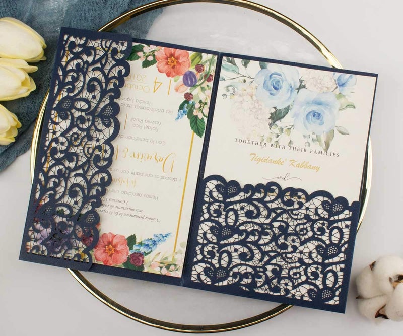 Lucky Star 25 sets 5X7 Dark Navy Blue Tri Fold Wedding Invitations Cards With Envelopes Inserts for Bridal Shower Birthday - Image 5